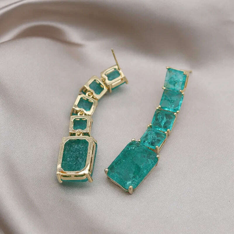 KIMLUD, European American New Design Fashion Jewelry Long Square Green Cracked Zircon Earrings Luxury Women's Wedding Party Accessories, KIMLUD Womens Clothes