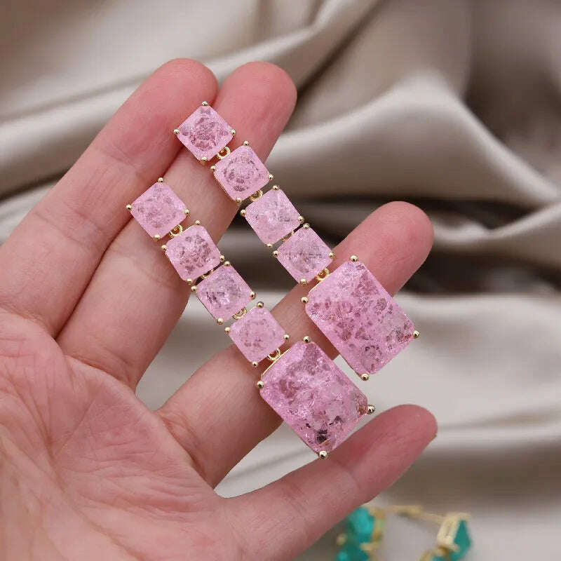 KIMLUD, European American New Design Fashion Jewelry Long Square Green Cracked Zircon Earrings Luxury Women's Wedding Party Accessories, KIMLUD Womens Clothes