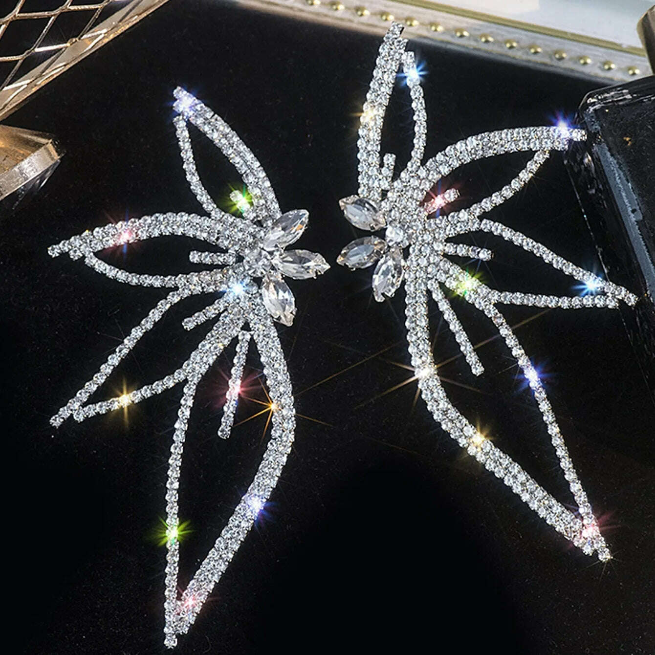 KIMLUD, European and American Fashion Exaggerated Zircon Maple Leaf Flower Stud Earrings for Woemn Personality Statement Jewelry Gift, silver, KIMLUD APPAREL - Womens Clothes