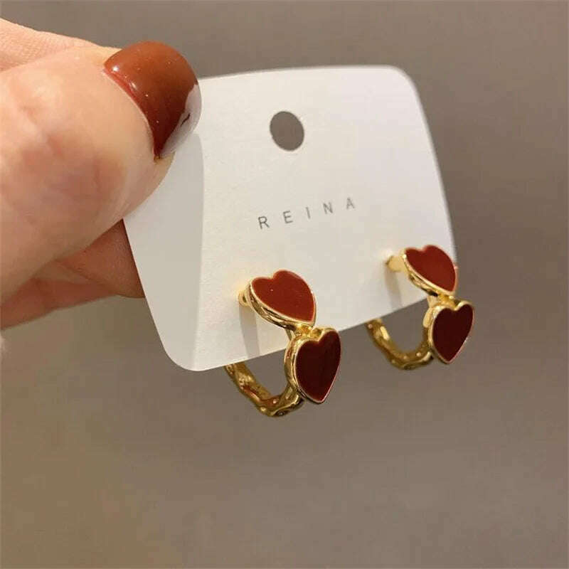 KIMLUD, European and American Fashion New Style Temperament Retro Wine Red Love Earrings Women and Jewelry Banquet Party Couple Gift, Gold-color, KIMLUD APPAREL - Womens Clothes