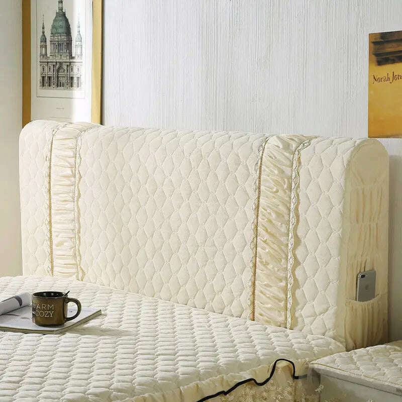 KIMLUD, European Luxury Lace Flannel King Queen Customized Headboard Cover Fashion Thicken Velvet All-inclusive Quilted Bed Head Cover, Beige / W180 x H70cm, KIMLUD APPAREL - Womens Clothes