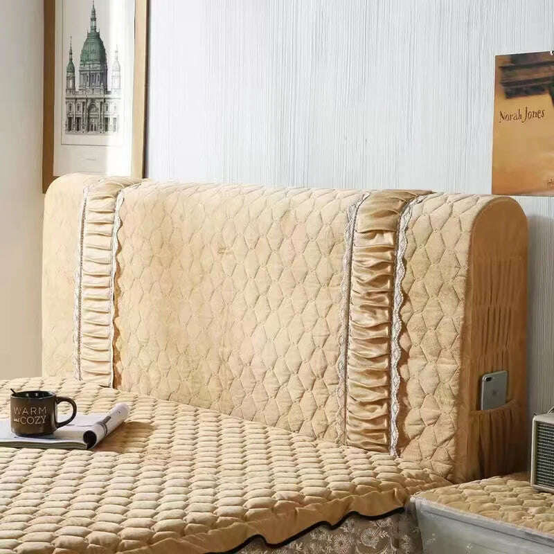 KIMLUD, European Luxury Lace Flannel King Queen Customized Headboard Cover Fashion Thicken Velvet All-inclusive Quilted Bed Head Cover, Camal / W180 x H70cm, KIMLUD APPAREL - Womens Clothes