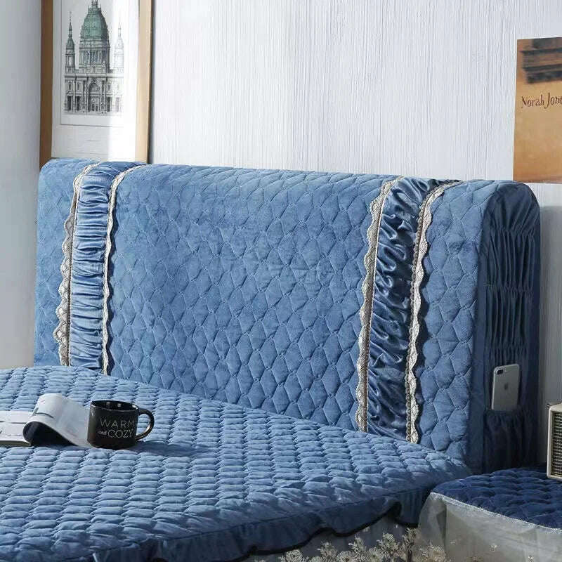 KIMLUD, European Luxury Lace Flannel King Queen Customized Headboard Cover Fashion Thicken Velvet All-inclusive Quilted Bed Head Cover, Dark Blue / W180 x H70cm, KIMLUD APPAREL - Womens Clothes
