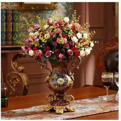 KIMLUD, European Resin Vase+Artificial Flower Set Decor Home Office Furnishing Decoration Crafts Livingroom Silk Fake Flower Pot Artwork, style2-with flower, KIMLUD APPAREL - Womens Clothes