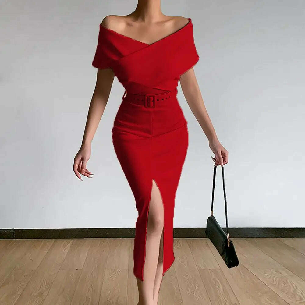 Evening Dress Belt Party Dress Front Split Hem Slim Fit Evening Midi Dress - KIMLUD