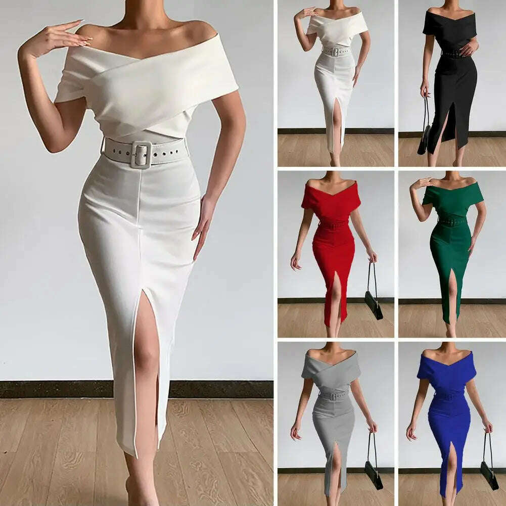 Evening Dress Belt Party Dress Front Split Hem Slim Fit Evening Midi Dress - KIMLUD