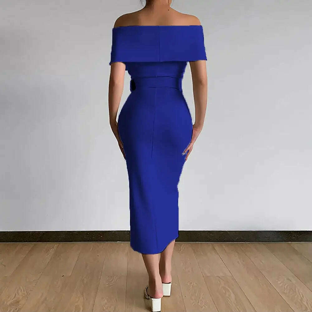 Evening Dress Belt Party Dress Front Split Hem Slim Fit Evening Midi Dress - KIMLUD