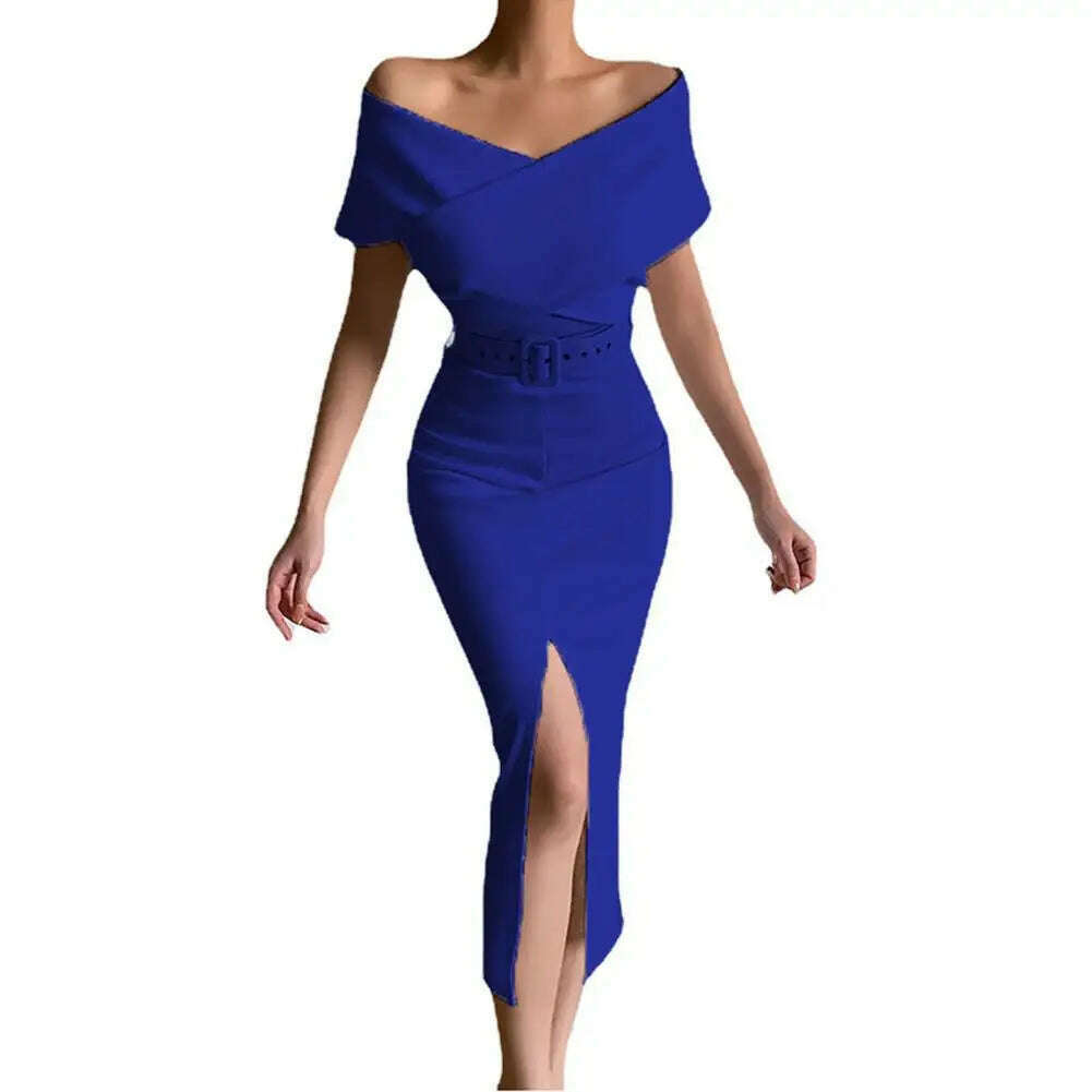 Evening Dress Belt Party Dress Front Split Hem Slim Fit Evening Midi Dress - KIMLUD