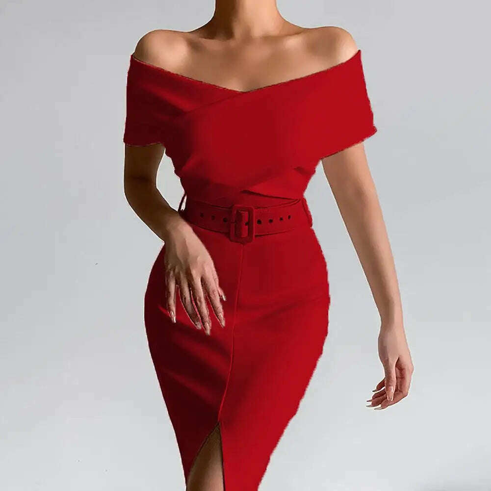 Evening Dress Belt Party Dress Front Split Hem Slim Fit Evening Midi Dress - KIMLUD