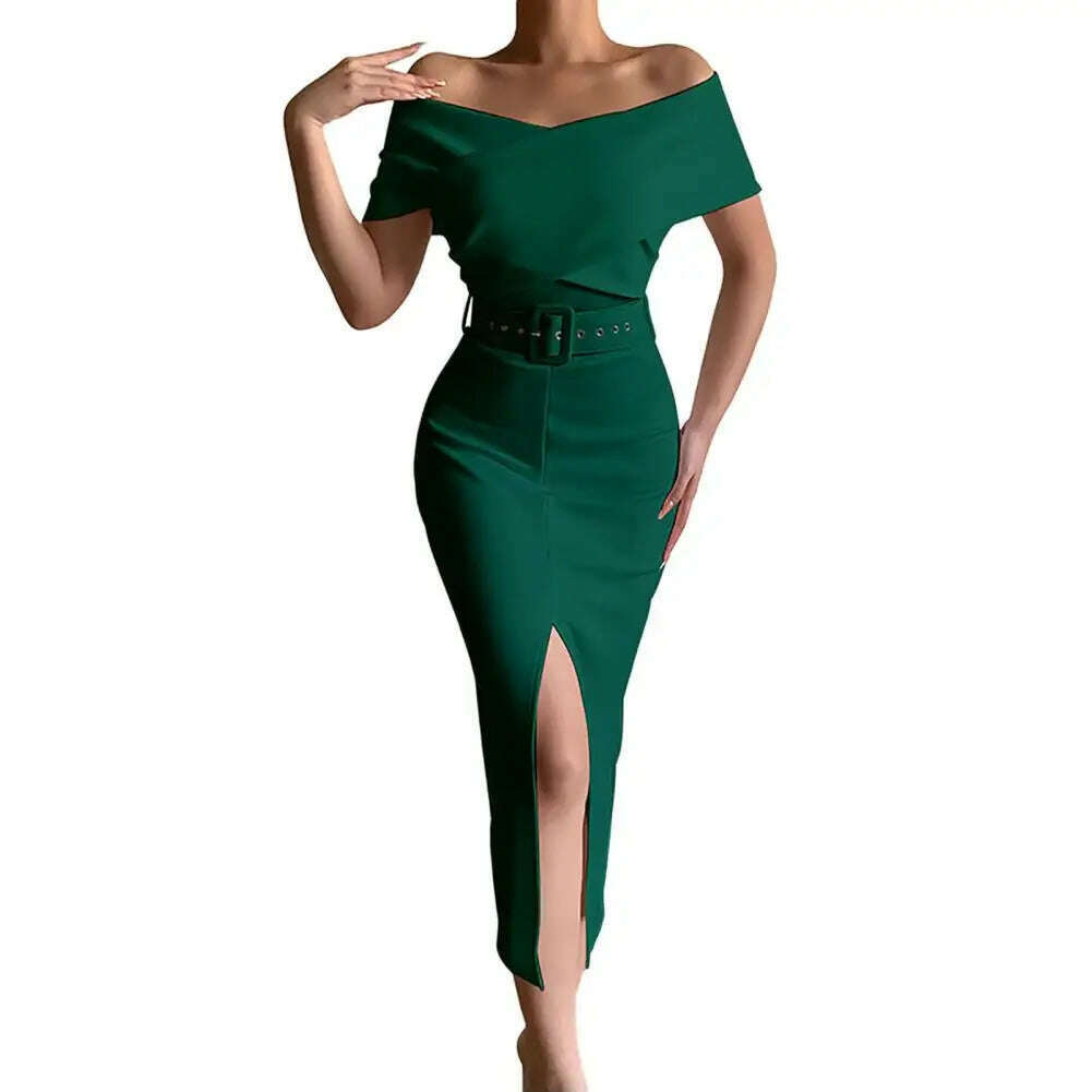 Evening Dress Belt Party Dress Front Split Hem Slim Fit Evening Midi Dress - KIMLUD