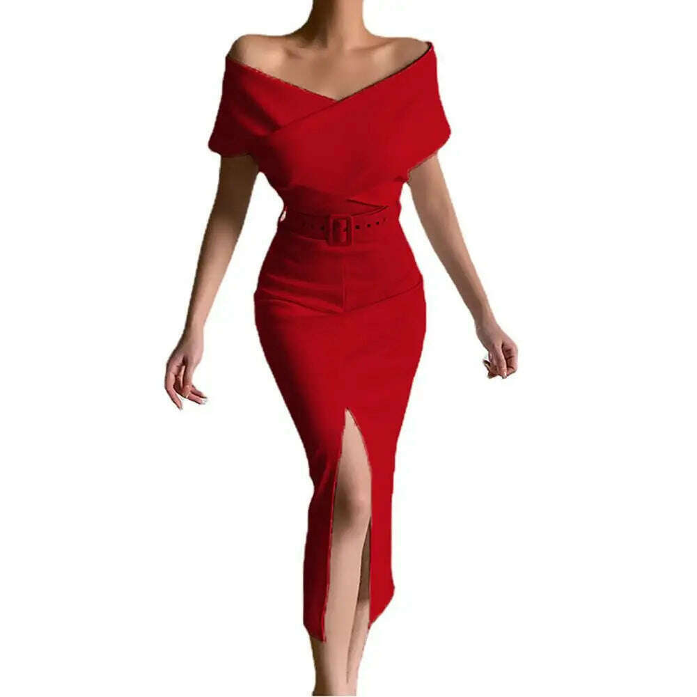 Evening Dress Belt Party Dress Front Split Hem Slim Fit Evening Midi Dress - KIMLUD