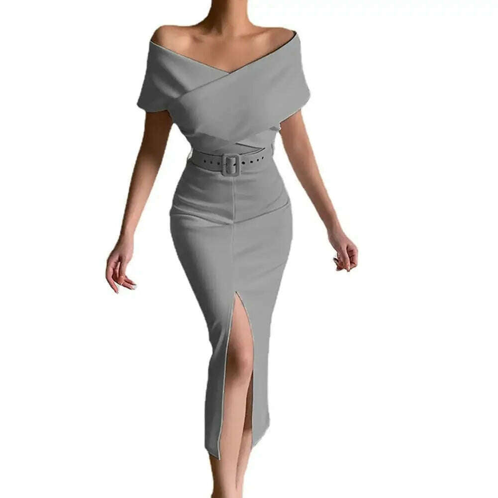Evening Dress Belt Party Dress Front Split Hem Slim Fit Evening Midi Dress - KIMLUD