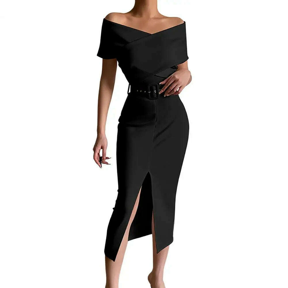 Evening Dress Belt Party Dress Front Split Hem Slim Fit Evening Midi Dress - KIMLUD