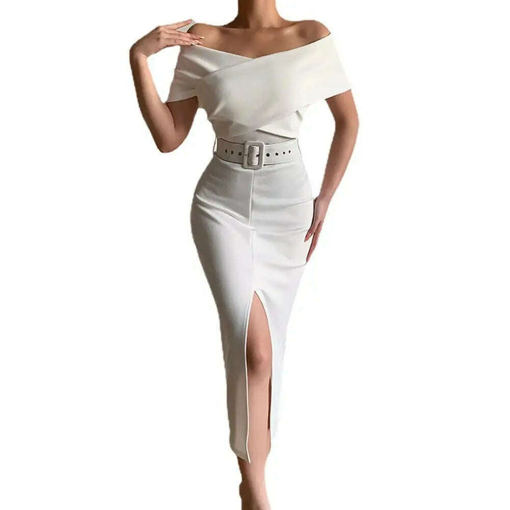 Evening Dress Belt Party Dress Front Split Hem Slim Fit Evening Midi Dress - KIMLUD