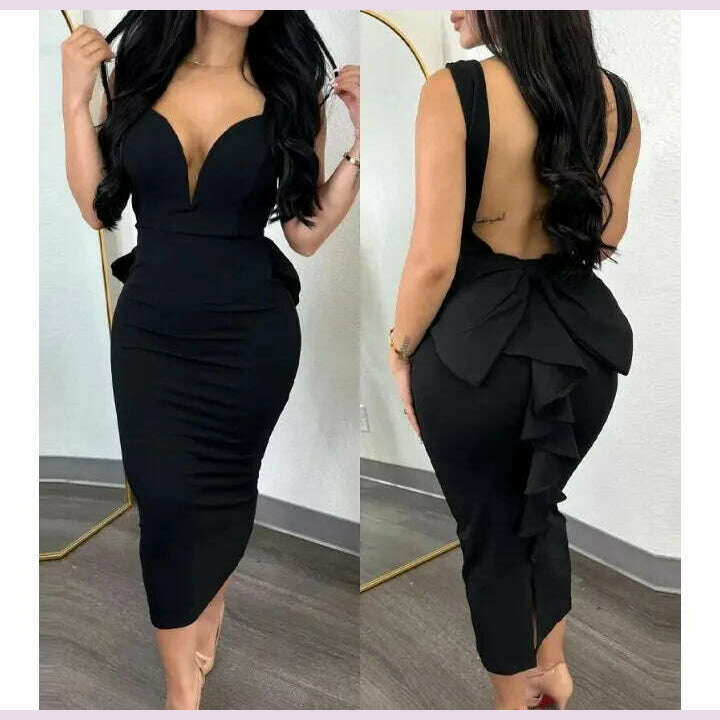 Evening Dresses for Women 2024 Sexy Woman Clothing Backless Deep V Bow Elastic Split Fashion Elegant Hip Wrap Midi Bodycon Dress - KIMLUD