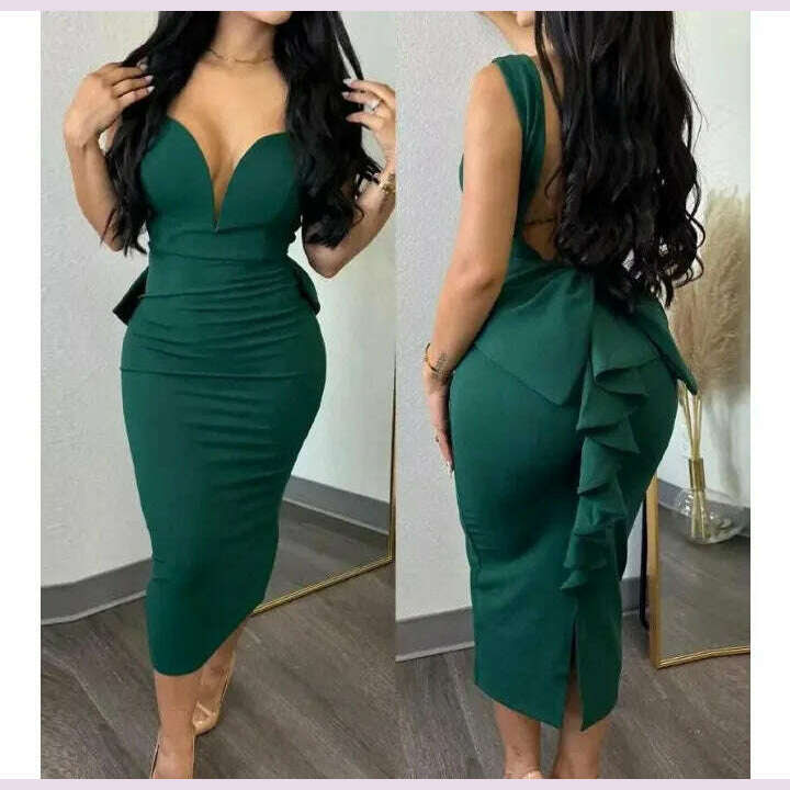 Evening Dresses for Women 2024 Sexy Woman Clothing Backless Deep V Bow Elastic Split Fashion Elegant Hip Wrap Midi Bodycon Dress - KIMLUD