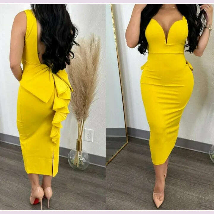 Evening Dresses for Women 2024 Sexy Woman Clothing Backless Deep V Bow Elastic Split Fashion Elegant Hip Wrap Midi Bodycon Dress - KIMLUD
