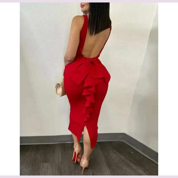 Evening Dresses for Women 2024 Sexy Woman Clothing Backless Deep V Bow Elastic Split Fashion Elegant Hip Wrap Midi Bodycon Dress - KIMLUD