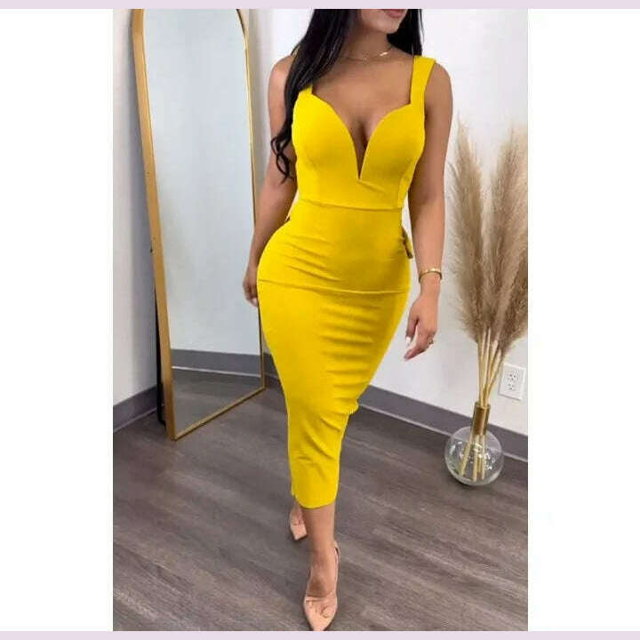 Evening Dresses for Women 2024 Sexy Woman Clothing Backless Deep V Bow Elastic Split Fashion Elegant Hip Wrap Midi Bodycon Dress - KIMLUD
