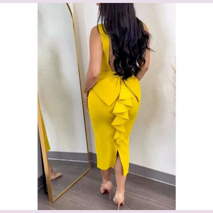 Evening Dresses for Women 2024 Sexy Woman Clothing Backless Deep V Bow Elastic Split Fashion Elegant Hip Wrap Midi Bodycon Dress - KIMLUD