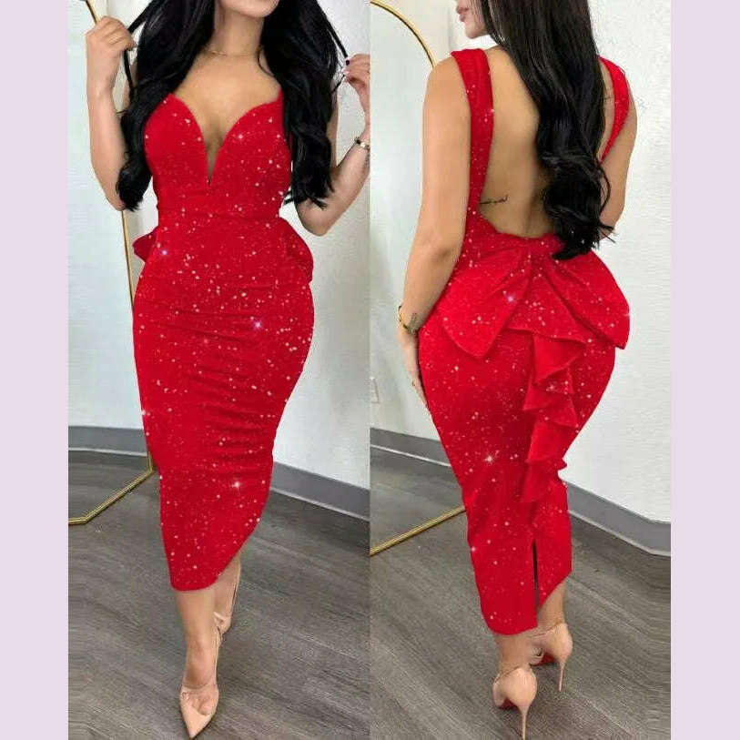 Evening Dresses for Women 2024 Sexy Woman Clothing Backless Deep V Bow Elastic Split Fashion Elegant Hip Wrap Midi Bodycon Dress - KIMLUD