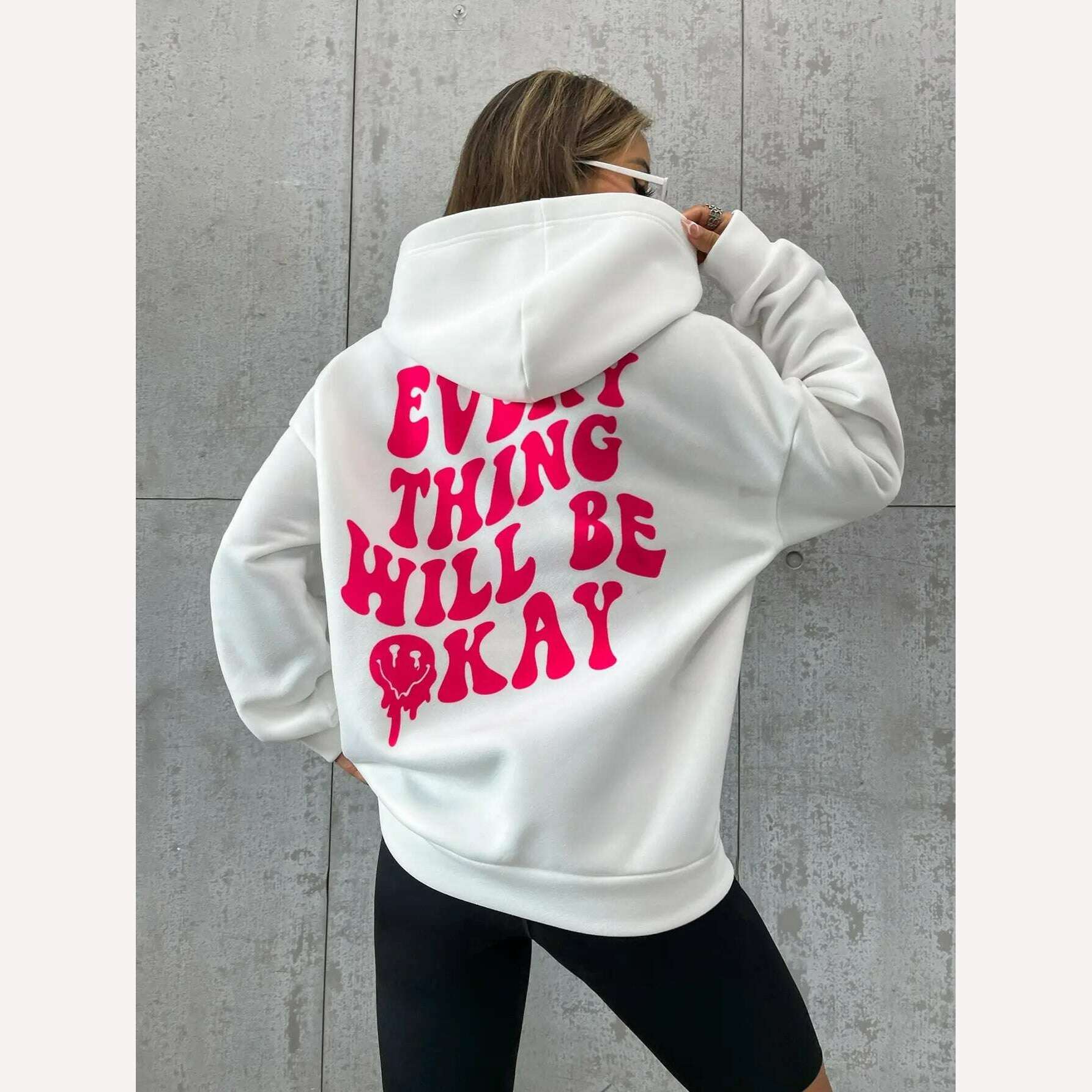 KIMLUD, Every Thing Will Be Okay Creative Letter Hoody Female Casual Pocket Hoodie Fashion Loose Clothes Warm Comfortable Pullover, KIMLUD Womens Clothes