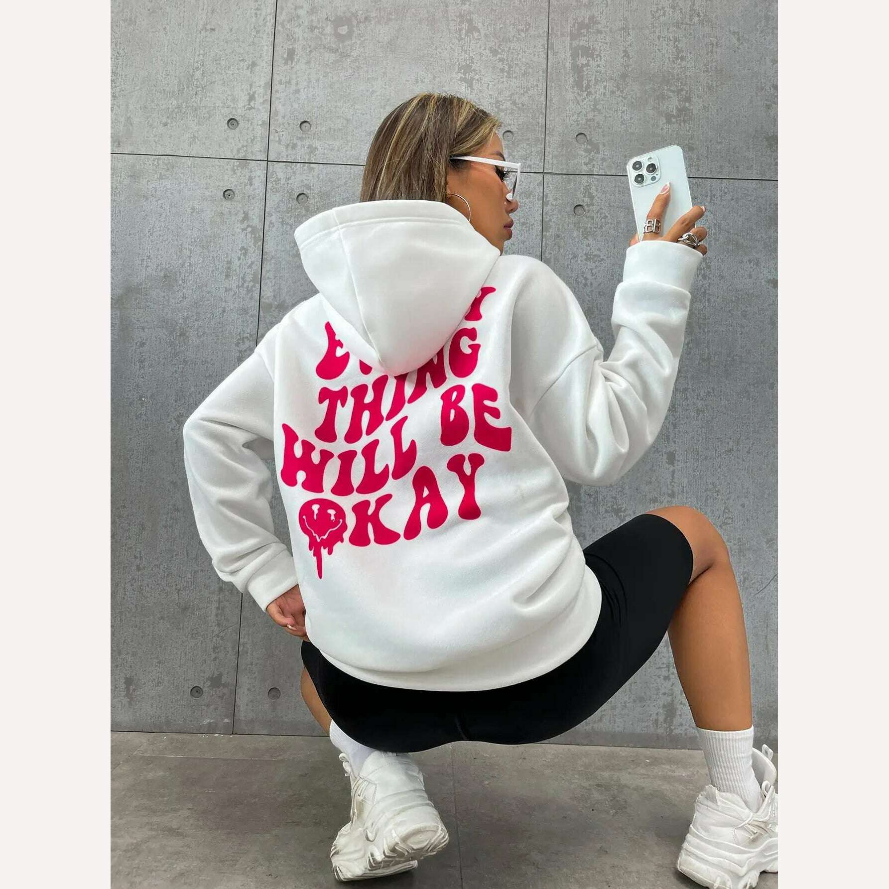 KIMLUD, Every Thing Will Be Okay Creative Letter Hoody Female Casual Pocket Hoodie Fashion Loose Clothes Warm Comfortable Pullover, White / XL, KIMLUD Womens Clothes