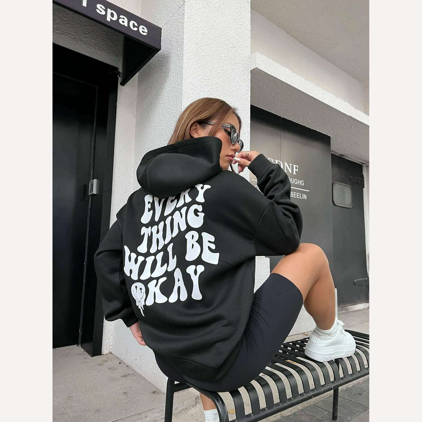 KIMLUD, Every Thing Will Be Okay Creative Letter Hoody Female Casual Pocket Hoodie Fashion Loose Clothes Warm Comfortable Pullover, Black / S, KIMLUD Womens Clothes