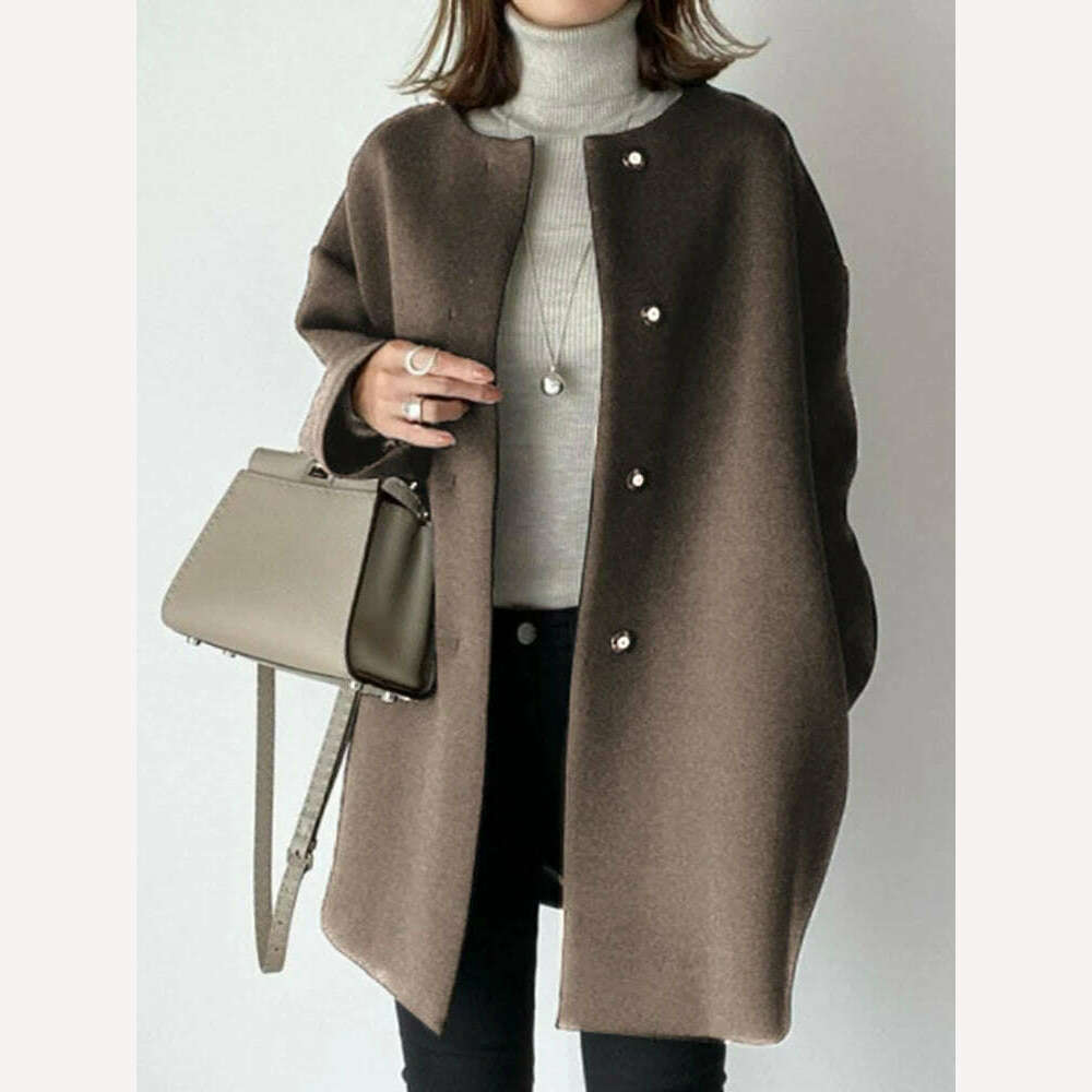 KIMLUD, Woolen Coat Single Breasted Loose Fit With Premium Wool Blend For All Season Warmth — Brown | KIMLUD, KIMLUD Womens Clothes