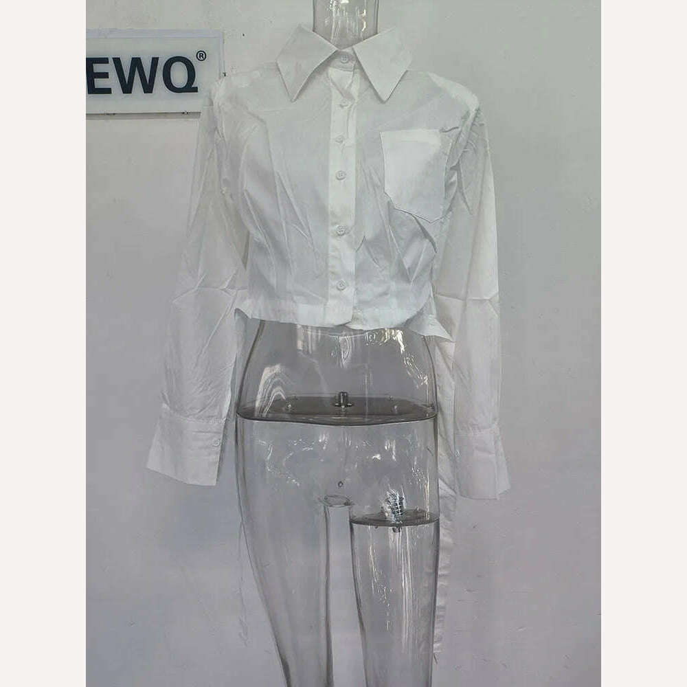 KIMLUD, Cotton-Poly Broadcloth Shirt Hollow Out Bandage Buckle — White | KIMLUD, KIMLUD Womens Clothes