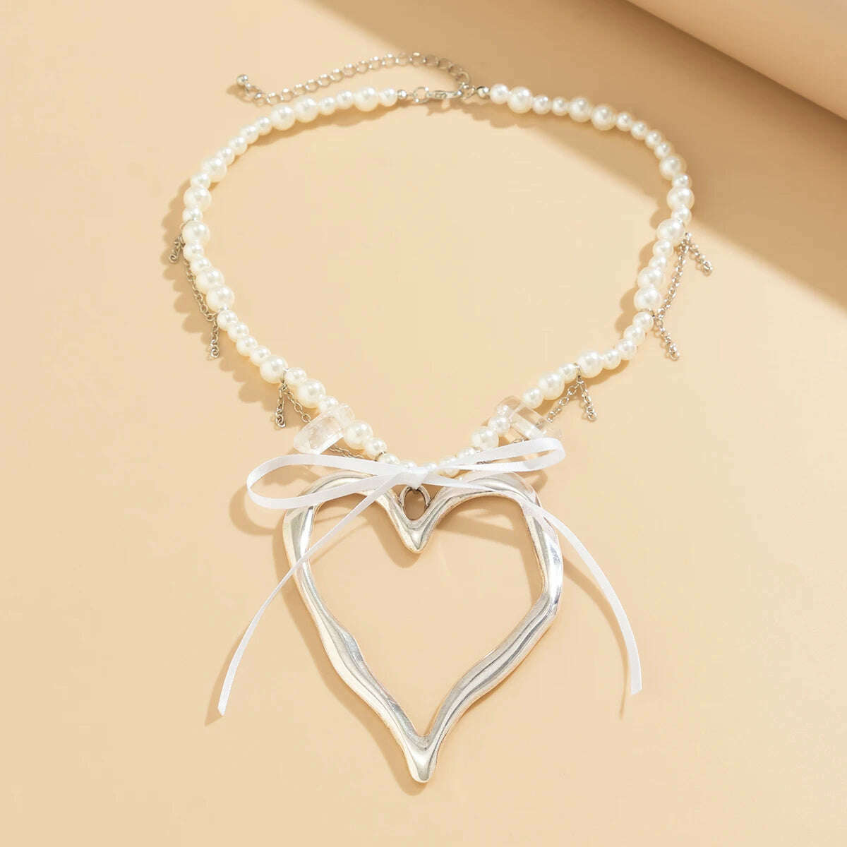 KIMLUD, Exaggerated Big Hollow Love Heart Pendant Choker Necklace for Women Elegant Bowknot Imitation Pearl Chain Y2K Wed Jewelry Gift, KIMLUD Womens Clothes