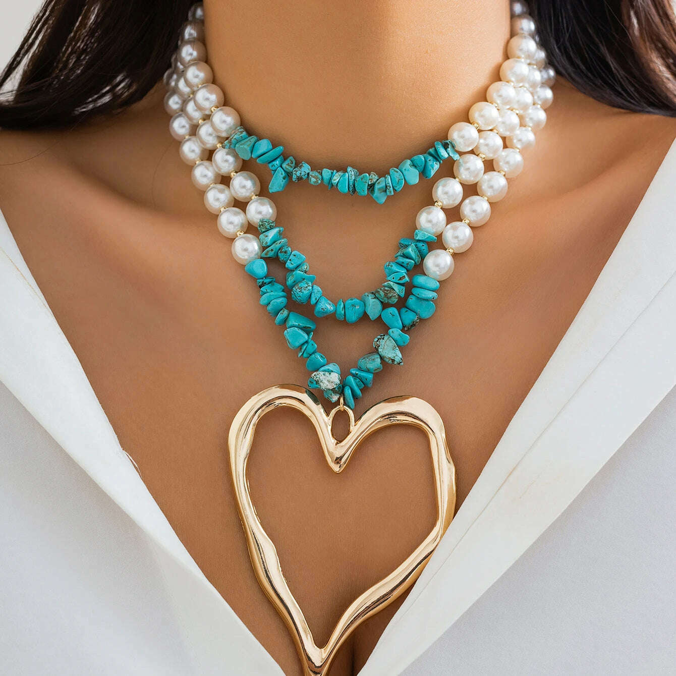 Exaggerated Big Love Heart Pendant Choker Nekclace for Women Wed Bridal Goth Multilayer imitation Pearl Stone Chain Y2K Jewelry - KIMLUD