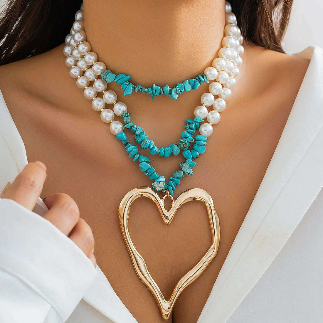 Exaggerated Big Love Heart Pendant Choker Nekclace for Women Wed Bridal Goth Multilayer imitation Pearl Stone Chain Y2K Jewelry - KIMLUD