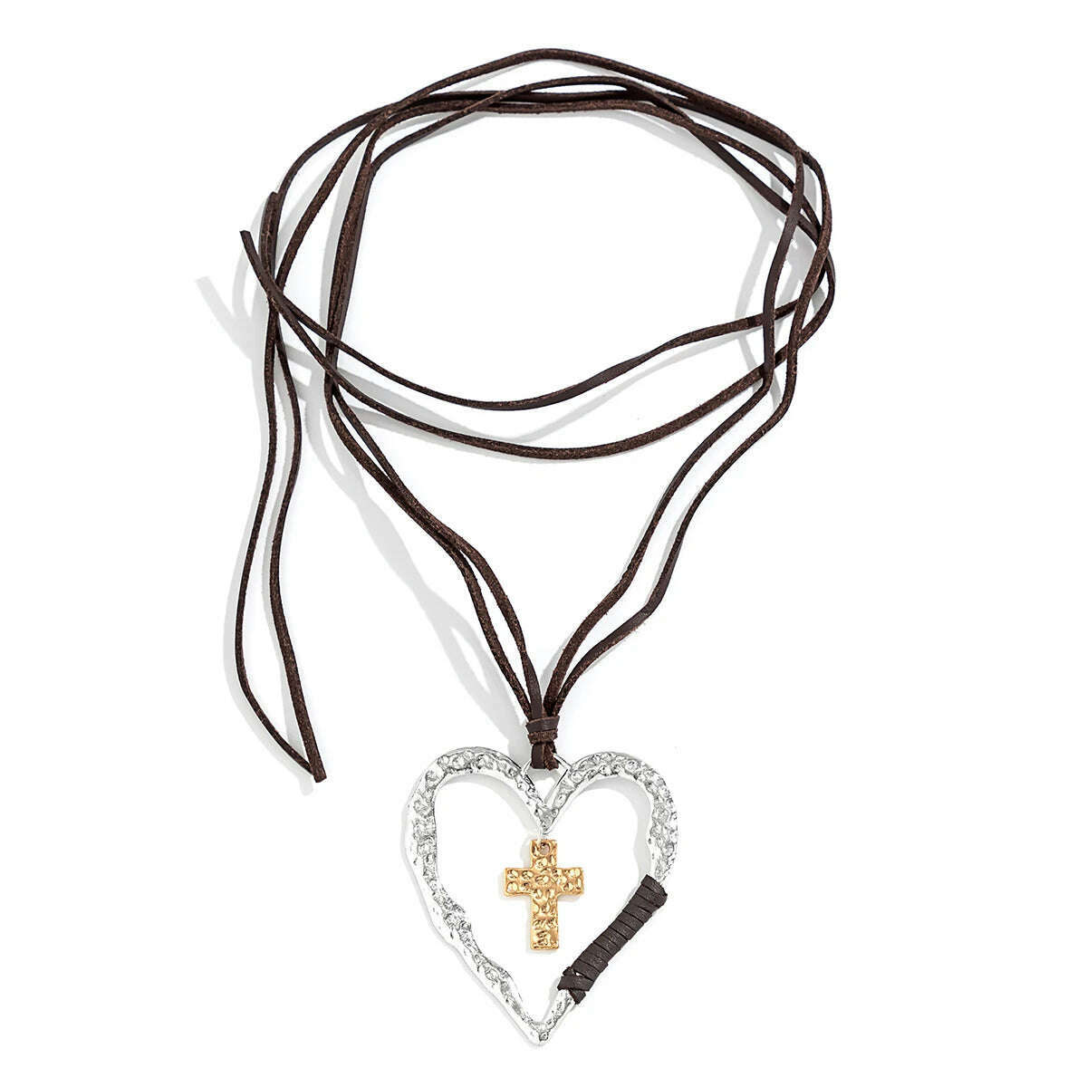 Exaggerated Ethnic Big Hollow Love Heart Cross Jesus Pendant Choker Necklace for Women Goth Adjustable Rope Chain Y2K Jewelry - KIMLUD