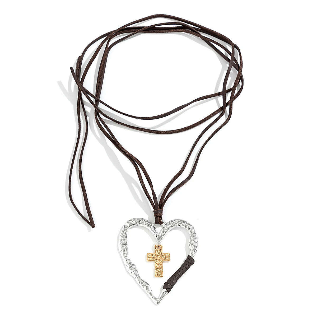 KIMLUD, Exaggerated Ethnic Big Hollow Love Heart Cross Jesus Pendant Choker Necklace for Women Goth Adjustable Rope Chain Y2K Jewelry, KIMLUD Womens Clothes