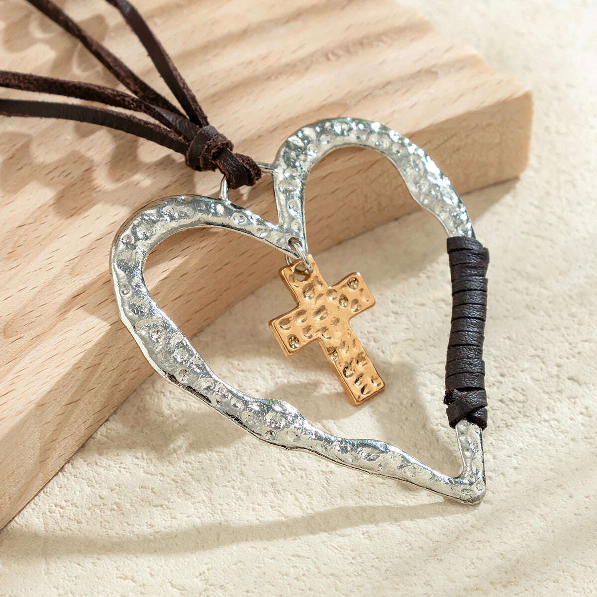 Exaggerated Ethnic Big Hollow Love Heart Cross Jesus Pendant Choker Necklace for Women Goth Adjustable Rope Chain Y2K Jewelry - KIMLUD