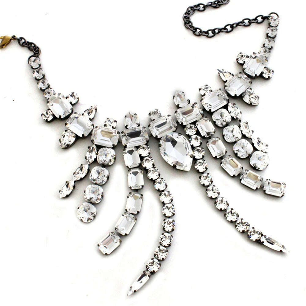 KIMLUD, Exaggerated Fashion Rhinestone Tassel Large Crystal Necklace Stage Show Elegance Necklace European American Accessories, SILVER PLATED, KIMLUD APPAREL - Womens Clothes