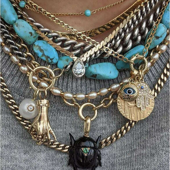 KIMLUD, Exaggerated pave zircon bee charm beatles women's pendant chunky hip-hop long chain necklace women's accessories gift Jewelry, KIMLUD Womens Clothes