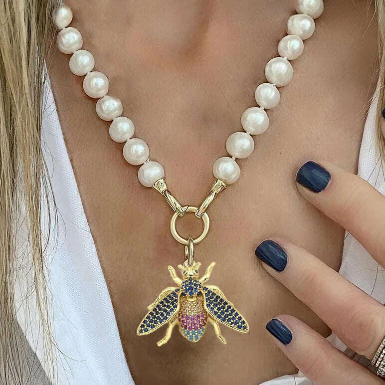 KIMLUD, Exaggerated pave zircon bee charm beatles women's pendant chunky hip-hop long chain necklace women's accessories gift Jewelry, necklace 12, KIMLUD APPAREL - Womens Clothes