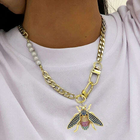 KIMLUD, Exaggerated pave zircon bee charm beatles women's pendant chunky hip-hop long chain necklace women's accessories gift Jewelry, necklace 23, KIMLUD APPAREL - Womens Clothes
