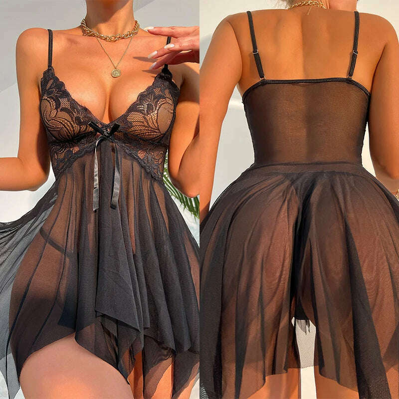 Lace Sheer Sleepwear Babydoll Set | KIMLUD