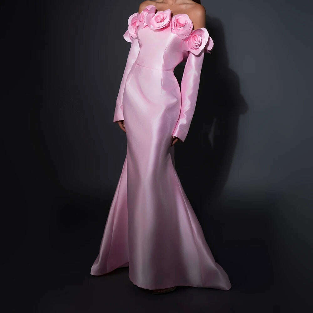 KIMLUD, Exquisite Pleats Flowers Mermaid Evening Dresses Formal Strapless Satin Off the Shoulder Long Sleeves Prom Gowns فساتين سهرة, KIMLUD Womens Clothes