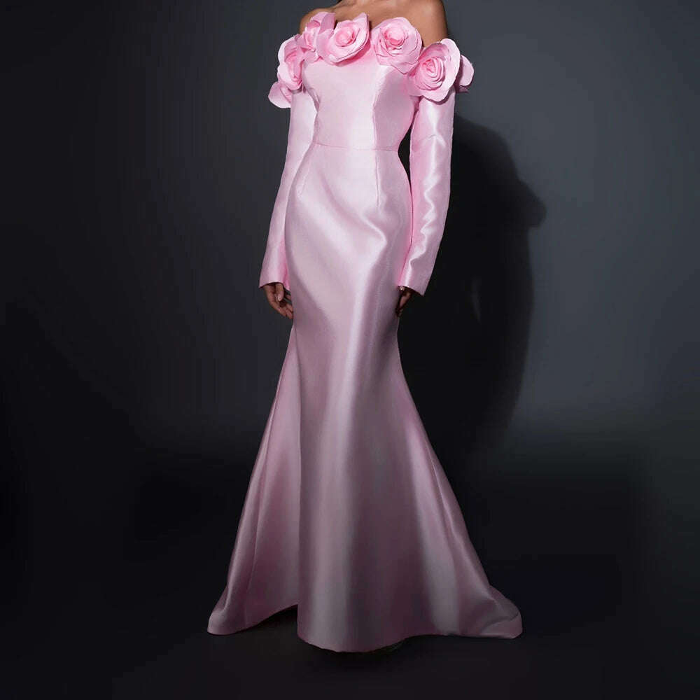 KIMLUD, Exquisite Pleats Flowers Mermaid Evening Dresses Formal Strapless Satin Off the Shoulder Long Sleeves Prom Gowns فساتين سهرة, KIMLUD Womens Clothes