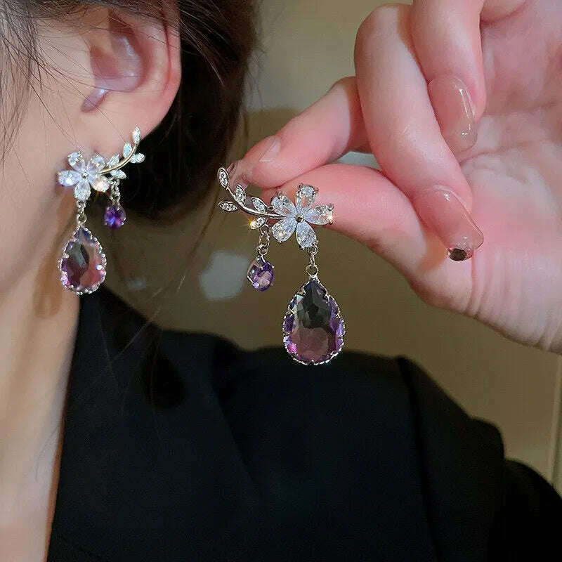 KIMLUD, Exquisite Purple Zircon Earrings Rhinestone Women's Earrings Water Drop Flower Dangle Earring Anti-allergy Ear Jewelry Brincos, KIMLUD Womens Clothes