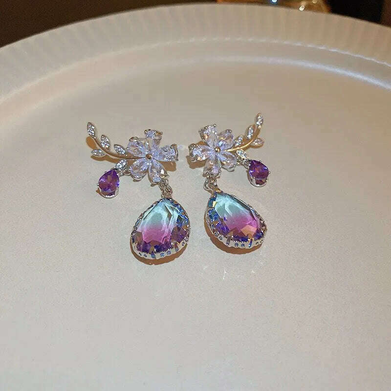 KIMLUD, Exquisite Purple Zircon Earrings Rhinestone Women's Earrings Water Drop Flower Dangle Earring Anti-allergy Ear Jewelry Brincos, KIMLUD Womens Clothes