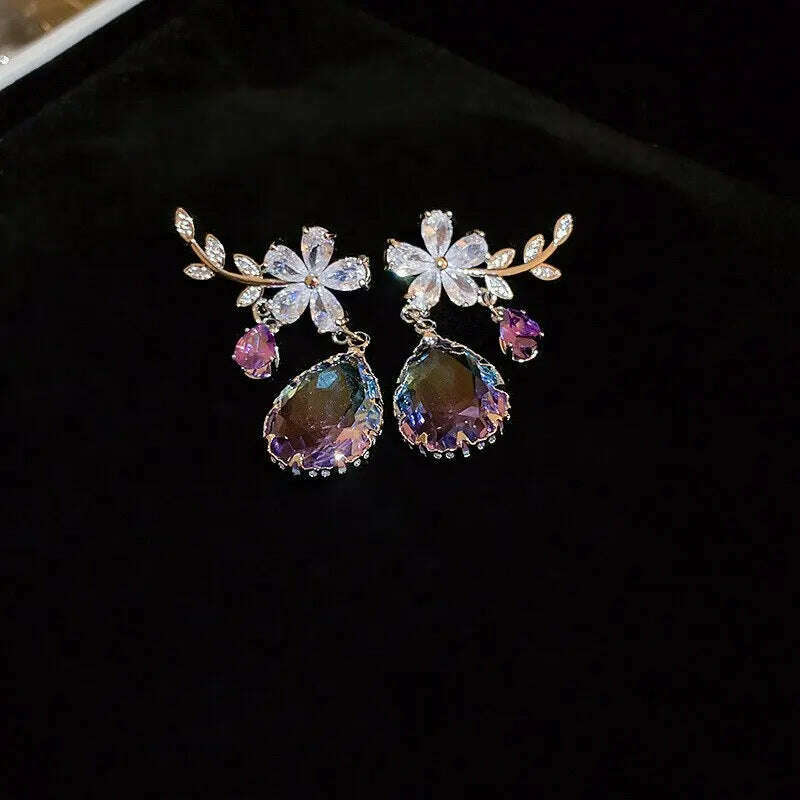 KIMLUD, Exquisite Purple Zircon Earrings Rhinestone Women's Earrings Water Drop Flower Dangle Earring Anti-allergy Ear Jewelry Brincos, rhinestone earrings, KIMLUD Womens Clothes