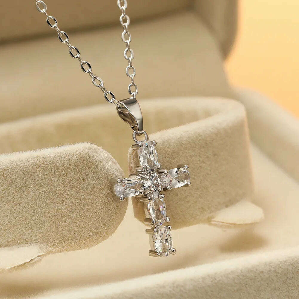KIMLUD, Exquisite Shiny Cross Square Crystal Zirconia Pendant Necklace for Women Men Fashion Hip Hop Party Luxury Jewelry Christmas Gift, AL6887-Silver, KIMLUD Womens Clothes