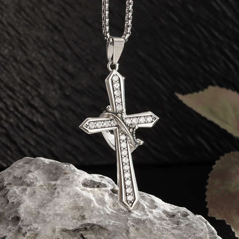 KIMLUD, Exquisite Shiny Cross Square Crystal Zirconia Pendant Necklace for Women Men Fashion Hip Hop Party Luxury Jewelry Christmas Gift, AL20446-Silver, KIMLUD APPAREL - Womens Clothes