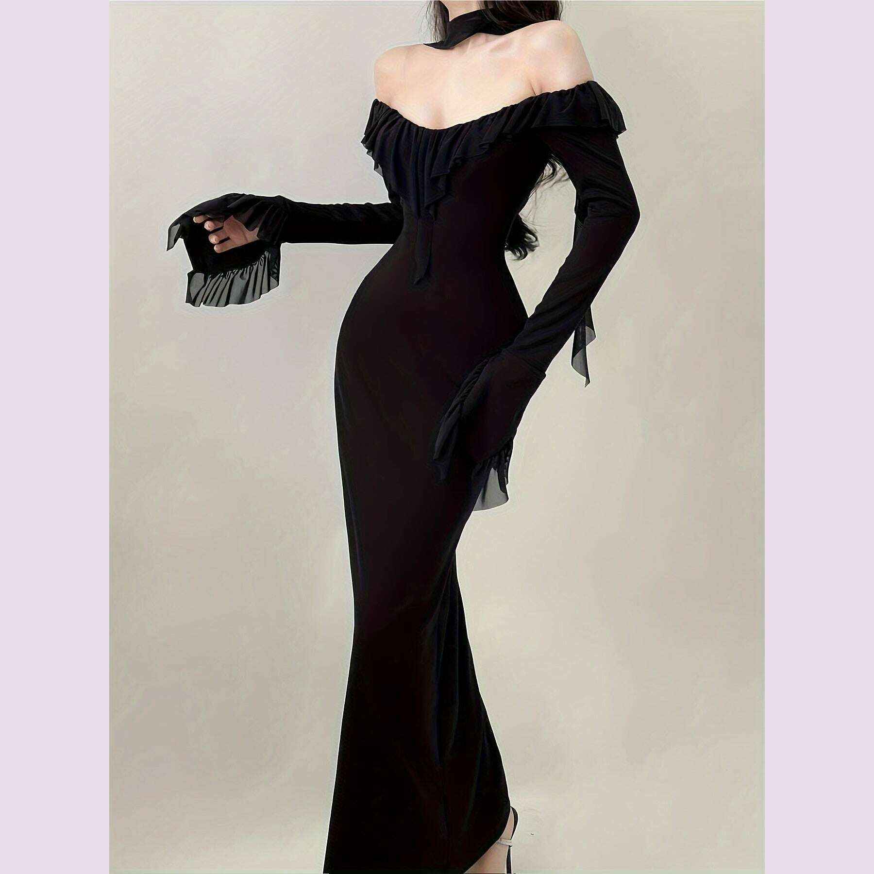 ruffle off shoulder bodycon dress Off-shoulder Ruffle Trim Dress, Lace Decor Long Sleeve Bodycon Dress,