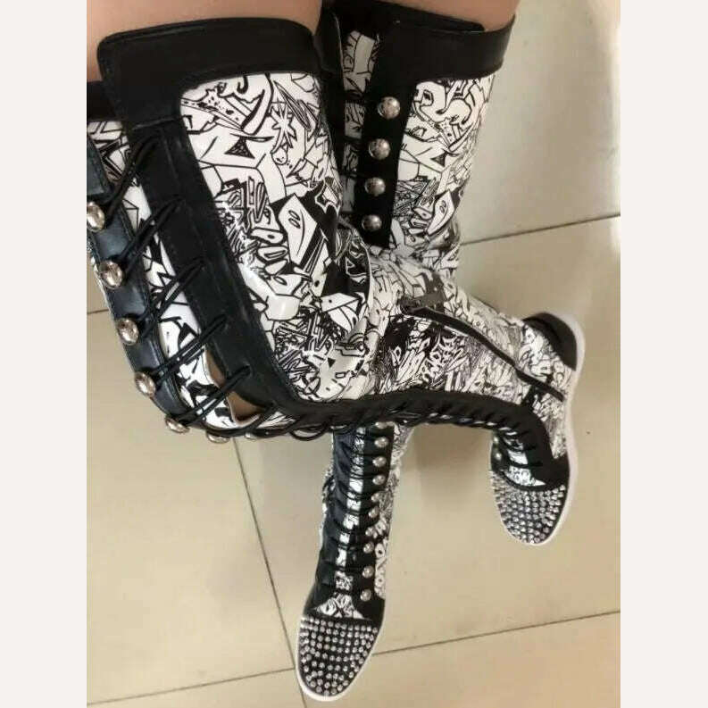 KIMLUD, Factory Ladies Over The Knee Boots Ladies Thick Sole Rivets Studs Toe Graffiti Shiny Leather Thigh High Cross-tie Lace Up Botas, KIMLUD Womens Clothes
